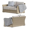 Rattan Outdoor Sofa With Beige Woven Design And Grey Cushions