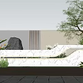 Modern Garden Landscape With White Wall Vertical Stripes Green Plants Stones Lawn And Wooden Deck