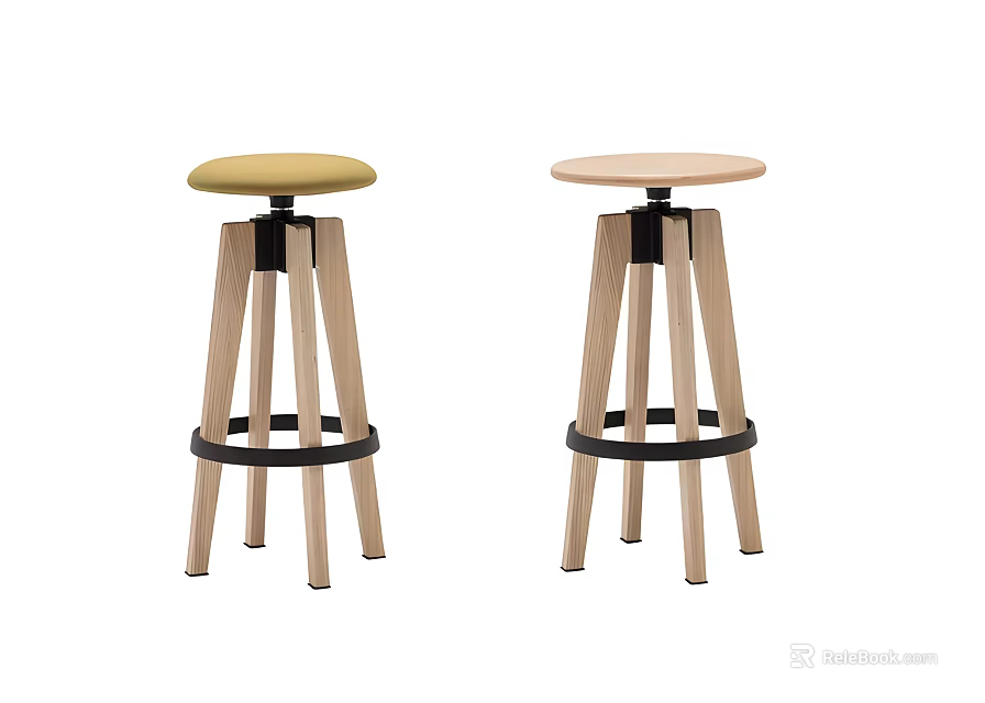 Modern Bar Stools With Wooden Legs Round Seats And Two Piece Metal Rings Design 3d model 