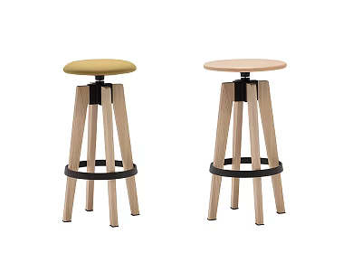 Modern Bar Stools With Wooden Legs Round Seats And Two Piece Metal Rings Design 3d model