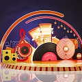 Birthday Concert Stage Design With Vinyl Records Music Notes Speakers and City Skyline