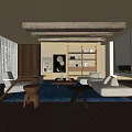 Modern Living Room Interior With Wooden Beams Blue Rug White Sofa Coffee Tables And Fireplace