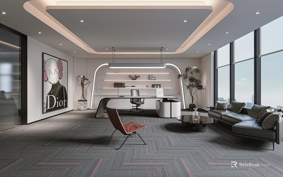 Modern Office Interior With Spacious Layout Large Windows Sofa Green Plant And Artwork 3d model 
