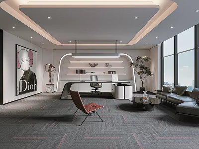 Modern Office Interior With Spacious Layout Large Windows Sofa Green Plant And Artwork 3d model