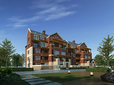 Red Brick Townhouse Exterior Featuring Multiple Balconies Lush Greenery Surrounding Trees And Stone Pathway 3d model