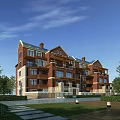Red Brick Townhouse Exterior Featuring Multiple Balconies Lush Greenery Surrounding Trees And Stone Pathway