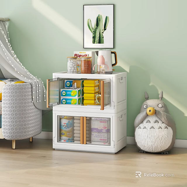 White Entryway Side Cabinet With Organized Storage Items Totoro Decor Light Green Wall Cactus Painting 3d model 