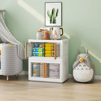 White Entryway Side Cabinet With Organized Storage Items Totoro Decor Light Green Wall Cactus Painting 3d model