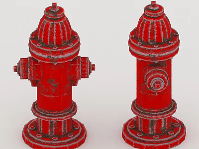 Two Red Fire Hydrants With Detailed Vintage Design And Textured Surface 3d model