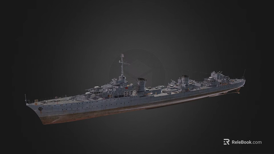 Gray Warship 3D Model With Multiple Turrets Antennas And Long Hull On Dark Background 3d model 