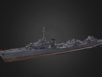 Gray Warship 3D Model With Multiple Turrets Antennas And Long Hull On Dark Background 3d model