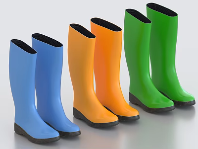 Colorful Rain Boots Collection Showcasing Blue Orange And Green Colored Pairs 3d model