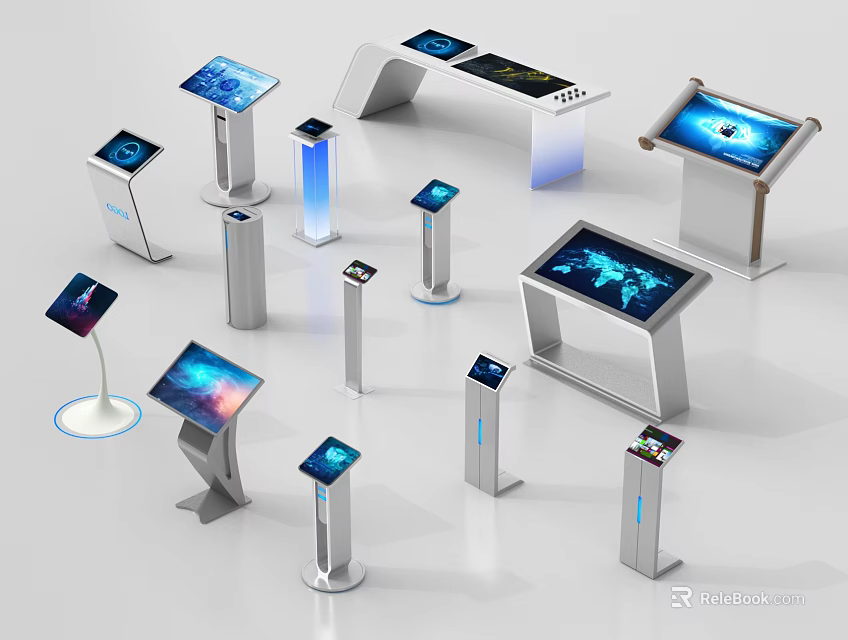 Modern Public Facilities With Various Interactive Touchscreen Information Kiosks And Terminals 3d model 