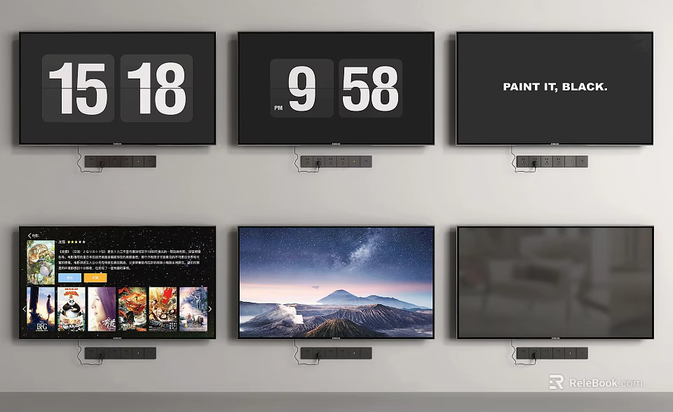 Multiple Wall Mounted TVs Displaying Time Text Landscape And Starry Sky 3d model