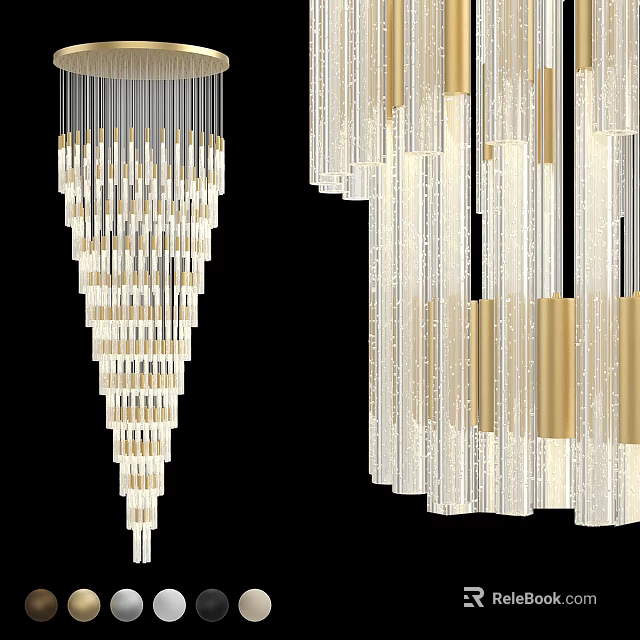 Modern Chandelier Design Featuring Conical Layered Slender Tubes And Golden Transparent Elongated Strips 3d model 