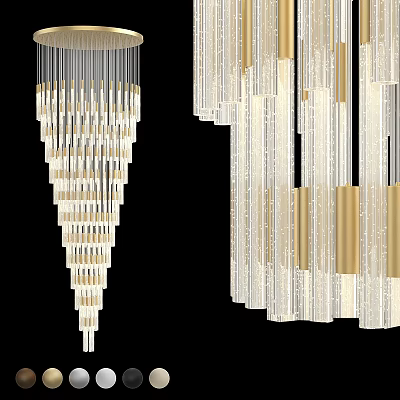 Modern Chandelier Design Featuring Conical Layered Slender Tubes And Golden Transparent Elongated Strips 3d model