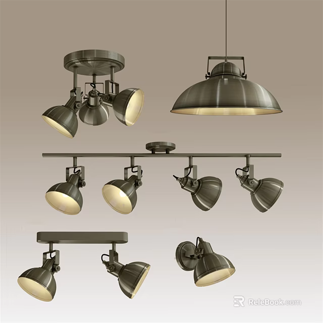 Stylish Modern Metallic Lighting Combination With Ceiling Pendant Track And Spotlights 3d model 
