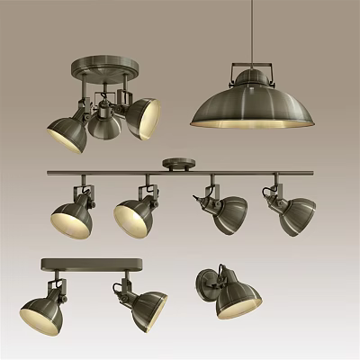 Stylish Modern Metallic Lighting Combination With Ceiling Pendant Track And Spotlights 3d model