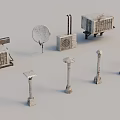 Rustic Vintage Metal Objects Including Old Satellite Dish And Decorative Pillars 3d model