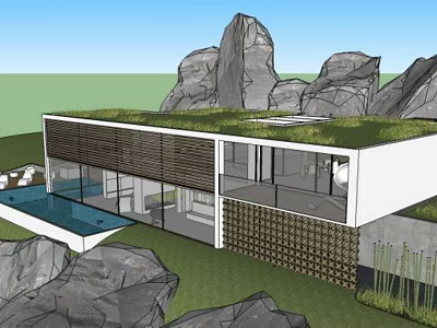 Modern Detached Villa With Green Roof Glass Walls Swimming Pool And Rock Landscape 3d model
