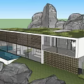 Modern Detached Villa With Green Roof Glass Walls Swimming Pool And Rock Landscape