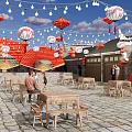 Traditional Commercial Street With Stone Paved Pathway Outdoor Tables Red Lanterns And String Lights