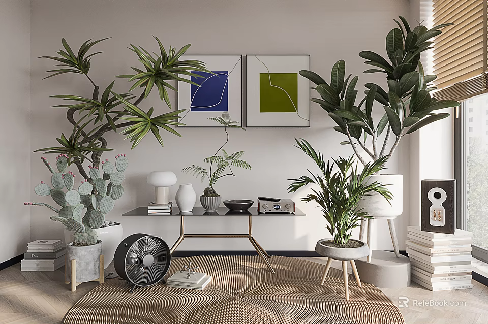 Modern Style Potted Bonsai Plants In Indoor Living Room Interior With Decorative Paintings And Furniture 3d model 