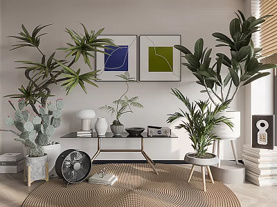 Modern Style Potted Bonsai Plants In Indoor Living Room Interior With Decorative Paintings And Furniture 3d model