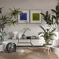 Modern Style Potted Bonsai Plants In Indoor Living Room Interior With Decorative Paintings And Furniture
