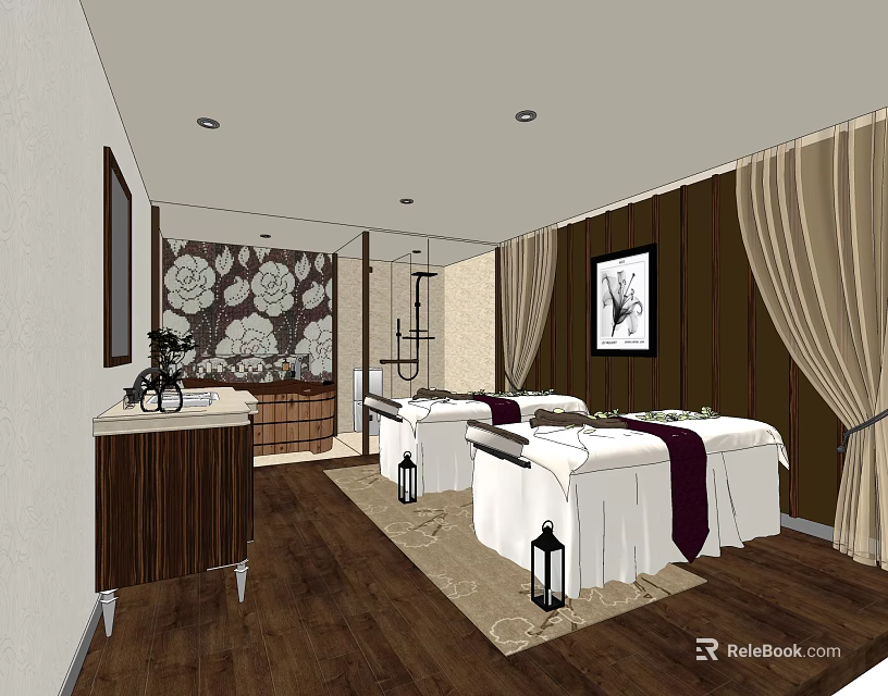 Serene SPA Sauna Interior With Massage Tables Wooden Flooring Floral Wall And Beige Curtains 3d model 