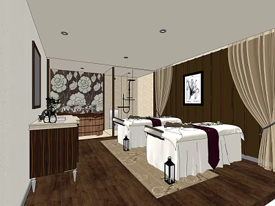 Serene SPA Sauna Interior With Massage Tables Wooden Flooring Floral Wall And Beige Curtains 3d model