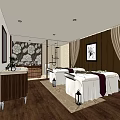 Serene SPA Sauna Interior With Massage Tables Wooden Flooring Floral Wall And Beige Curtains
