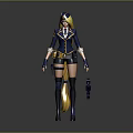 Female Character Wearing Navy Blue Yellow Uniform With Blonde Hair And Hammer Weapon