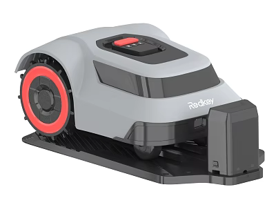 Smart Robotic Lawn Mower With Red Wheels Placed On Charging Base 3d model