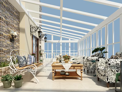 Spacious Villa Balcony with Glass Roof Wrought Iron Furniture Wooden Coffee Table and Green Plants 3d model