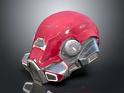 Futuristic Red Mechanical Helmet Design With Metallic Details And Circular Gauge 3d model