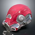 Futuristic Red Mechanical Helmet Design With Metallic Details And Circular Gauge
