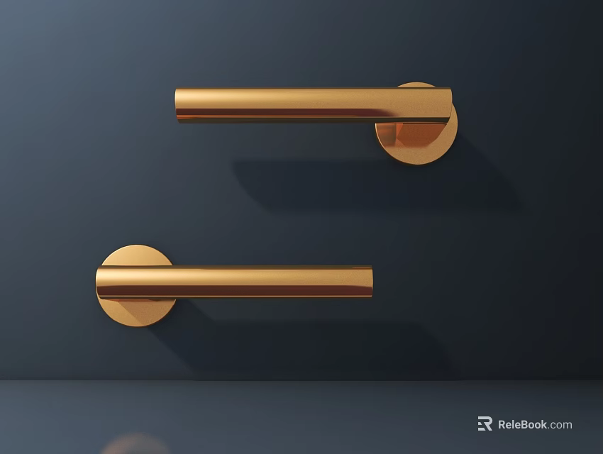 Two Golden Modern Door Handles on Dark Background with Sleek Design 3d model 