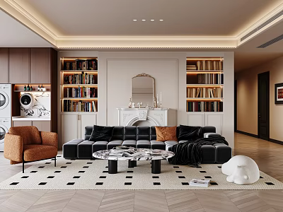 Modern Living Room Interior With Black Sofa Brown Armchair Round Coffee Table And Checkered Rug 3d model