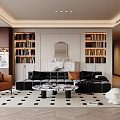 Modern Living Room Interior With Black Sofa Brown Armchair Round Coffee Table And Checkered Rug