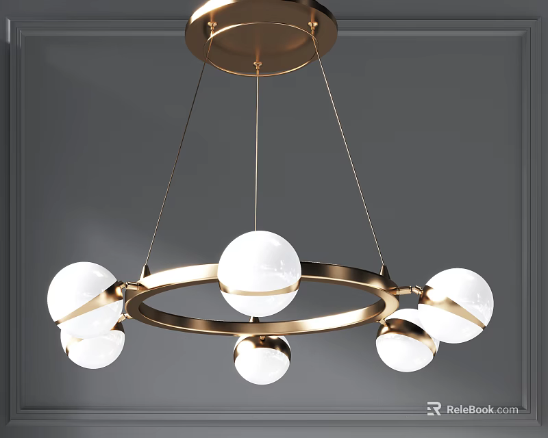 Elegant Modern Chandelier With Gold Circular Frame And White Globe Bulbs 3d model 