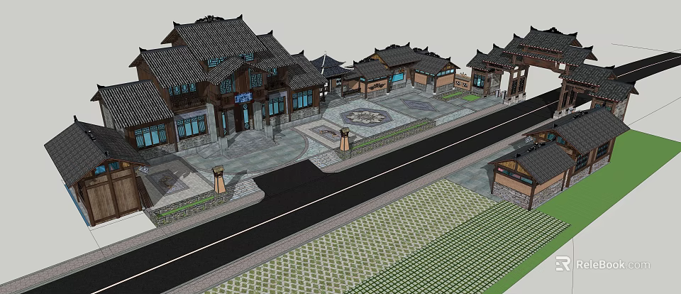 Traditional Chinese Architecture Visitor Center With Courtyard Entrance Stone Pathway And Roof Design 3d model 