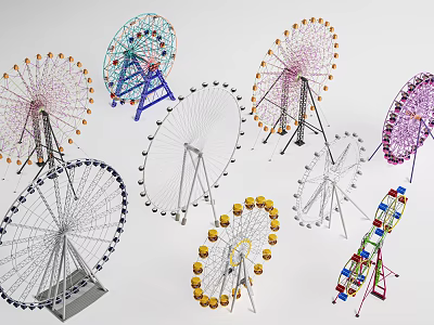 Colorful Amusement Rides Showcasing Various Designed Ferris Wheels In Bright Hues 3d model