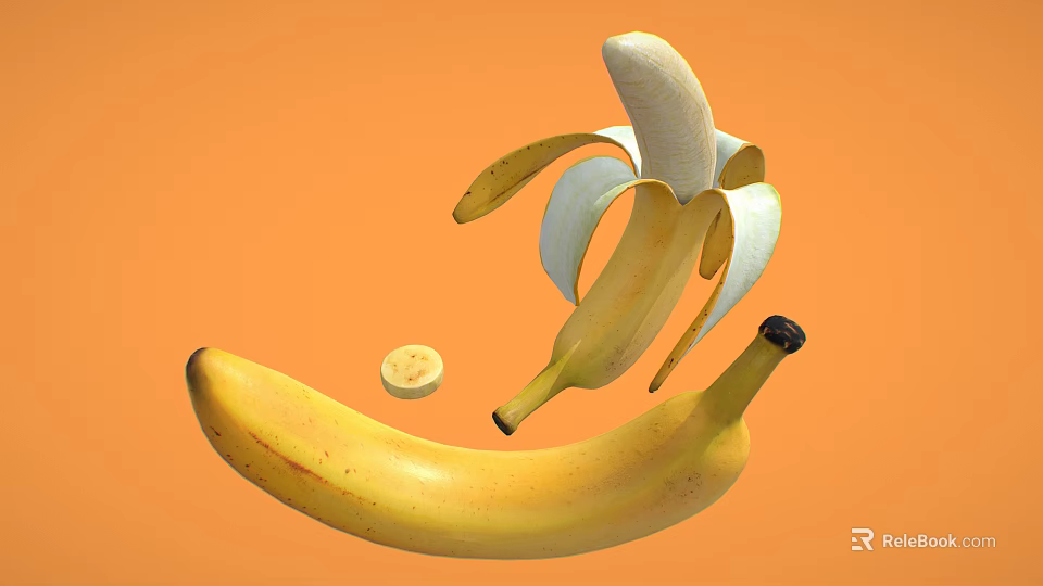 Fresh Banana Fruits on Orange Background with Whole Peeled and Sliced Pieces 3d model 