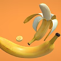 Fresh Banana Fruits on Orange Background with Whole Peeled and Sliced Pieces