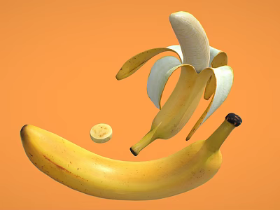 Fresh Banana Fruits on Orange Background with Whole Peeled and Sliced Pieces 3d model