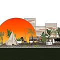 Outdoor Leisure Space With Orange Circular Decor Wooden Structure Green Plants Tent And Chairs