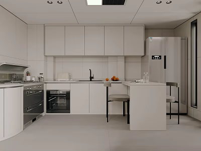 Modern Kitchen Interior Design With White Cabinets Island Counter And Appliances 3d model