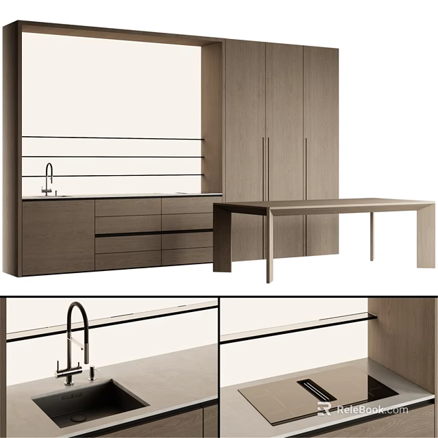 Modern Kitchen Interior With Wood Countertop Sink And Functional Cabinets 3d model 