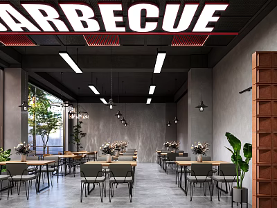Modern Barbecue Restaurant Interior With Hanging Lights Wooden Tables And Green Plants 3d model